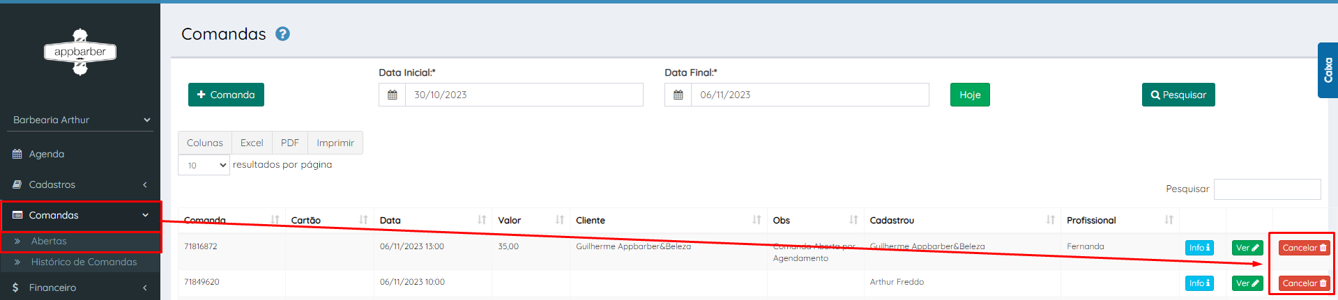 Como faço para cancelar um agendamento? E uma comanda? – AppBarber /  AppBeleza